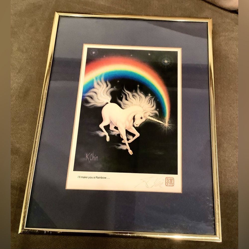 Framed Unicorn Wall Art Rainbow K. Chin Mystical Fantasy 70-80s framedWall Decor